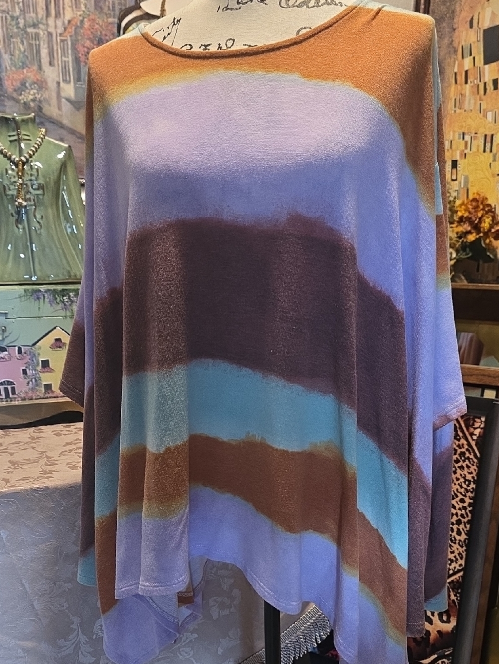 Striped Lavender and Brown Women's Drop-Hem Poncho Top